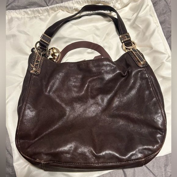 Michael Kors Sand Python Leather Hobo Shoulder Bag Gold  Brown Leather Michael Kors hobo bag with gold and snakeskin accents.